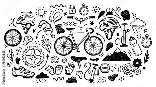 Cyclists participate in a vibrant outdoor cycling race doodle event surrounded by nature.