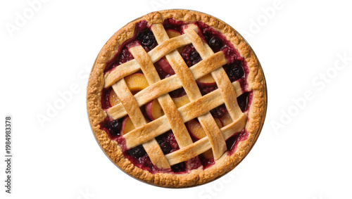 Foto Golden lattice fruit pie with blueberries and peaches, isolated on transparent b