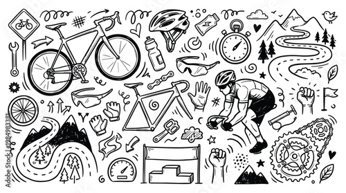 Cyclist rides through mountains with bike gears clocks and doodles around