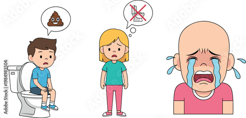 Child Potty Training Vector Illustration Set Featuring Boy on Toilet Crying Girl and Toddler with Emotional Expressions for Parenting Healthcare and Educational DesignsChild Potty Training Vector Illu