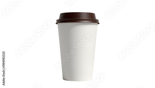 Plain white paper coffee cup with dark brown lid, isolated on transparent background