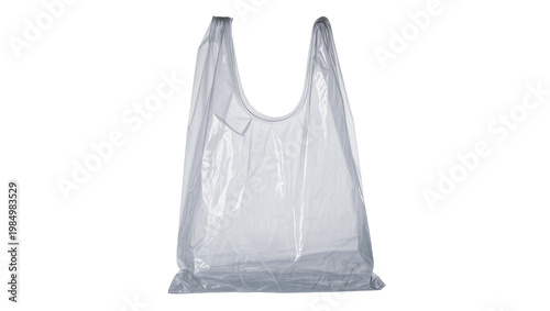 Empty clear plastic shopping bag with handles, isolated on transparent background