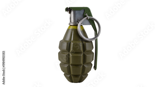 Фотография Olive green fragmentation hand grenade with metal pin and ring, isolated on tran
