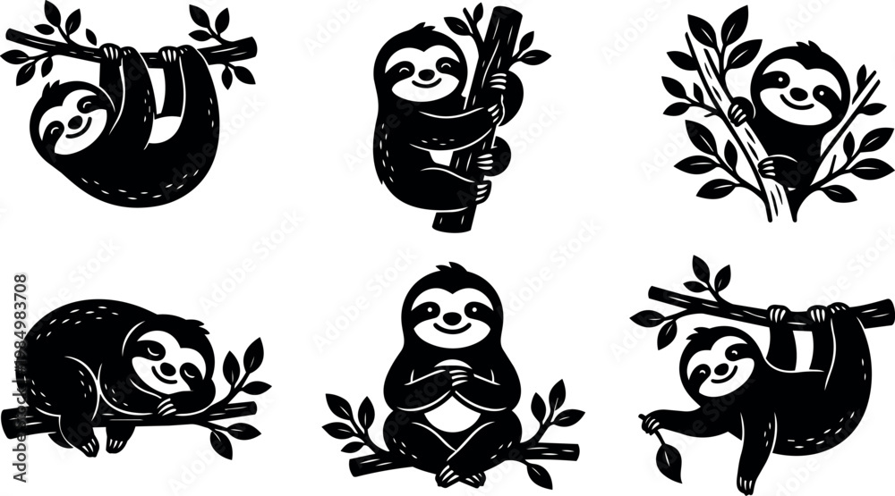 Fototapeta premium Black and white sloths hanging sitting and climbing branches set