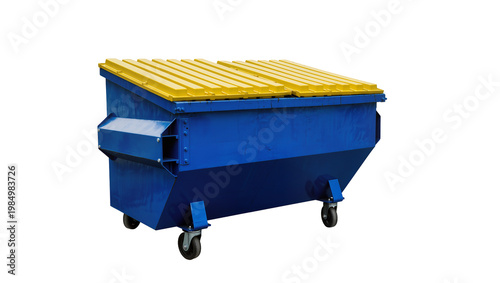 Fotografie Blue metal dumpster with yellow lid and wheels, isolated on transparent backgrou