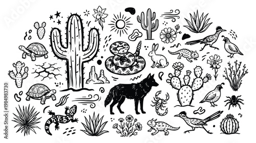 A desert oasis doodle illustration featuring various animals and plants in a vibrant desert landscape with cacti and wildlife.