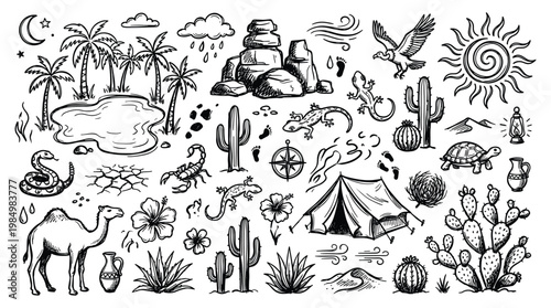 Desert landscape with various desert animals and plants doodle design 202604021811