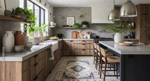 Modern kitchen interior design with natural wood cabinetry and plants
