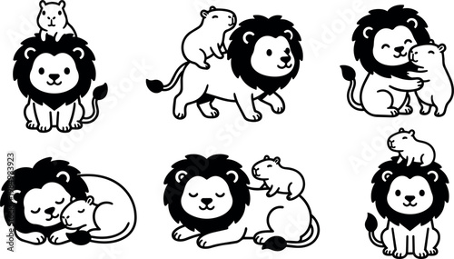 Cute black and white lion and capybara vector art set with playful and sleeping poses