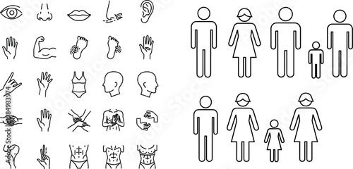 Comprehensive Human Body Parts and Family Silhouette Icon Set Featuring Anatomy Symbols, Male and Female Figures, and People Group Outlines for Medical and Educational DesignComprehensive Human Body P