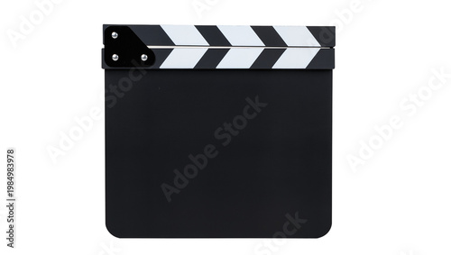 Black movie clapperboard with white diagonal stripes, isolated on transparent background