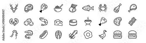set of meat seafood and food icons in line style vector illustration on transparent background