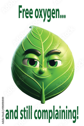 Fluffy green leaf cartoon, a messenger of nature and environment. Modern digital design for shirts or educational ecological campaigns
