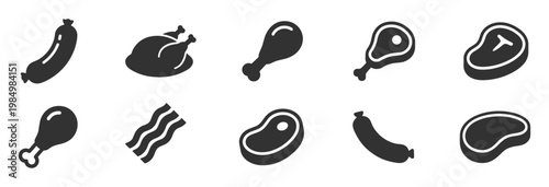 meat food icons set with chicken drumstick, steak, bacon, sausage and whole roasted chicken on transparent background