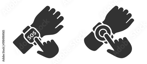 smartwatch with sos emergency button icon and hand clicking on screen on transparent background