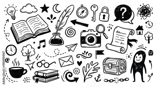 Doodle elements and icons illustrate various creative and educational concepts together