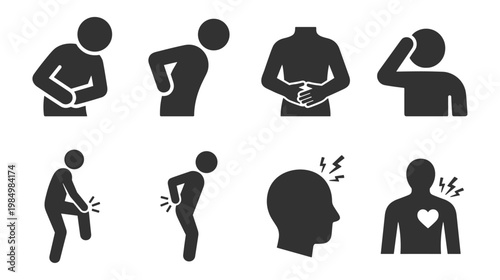 set of human pain icons including stomach ache back pain headache chest pain knee pain and side pain vector illustrations on transparent background