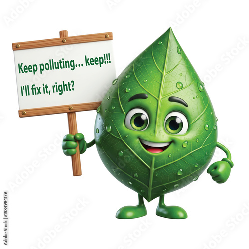 Fluffy green leaf cartoon, a messenger of nature and environment. Modern digital design for shirts or educational ecological campaigns