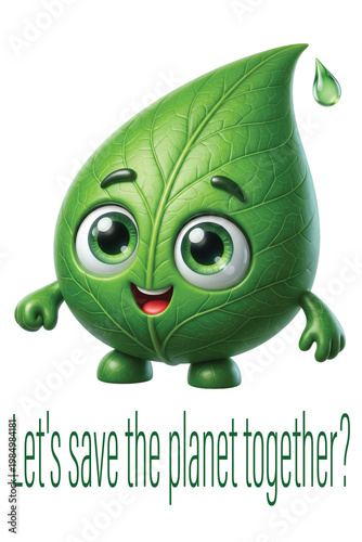 Fluffy green leaf cartoon, a messenger of nature and environment. Modern digital design for shirts or educational ecological campaigns