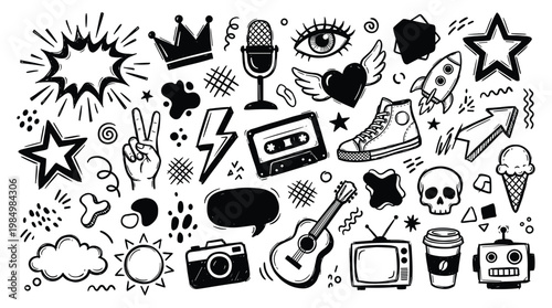 Doodle elements like stars, symbols, and objects are illustrated black on white