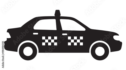 Taxi Car Silhouette Icon – Black Checkerboard Cab Side View, Transportation Vector