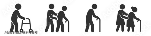 elderly people with walkers and caregivers medical assistance icons set on transparent background