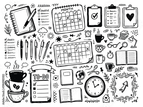 Doodle elements illustrate a Pomodoro timer session with office supplies and daily planning tools