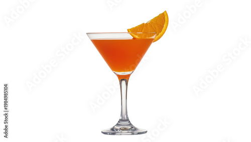 Orange cocktail in martini glass with orange slice garnish, isolated on transparent background