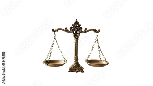 Antique brass balance scale with ornate detailing, isolated on transparent background