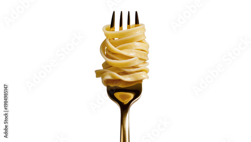 Golden fork holding a nest of fettuccine pasta, isolated on transparent background