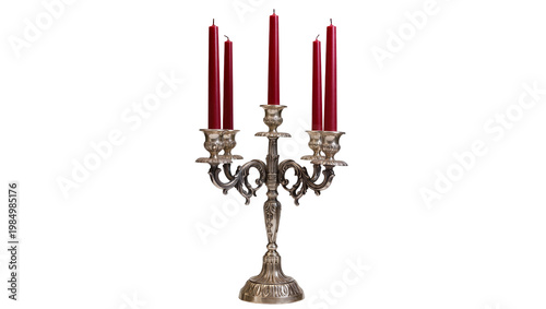 Obraz na płótnie Antique silver candelabra with five red candles, isolated on transparent backgro