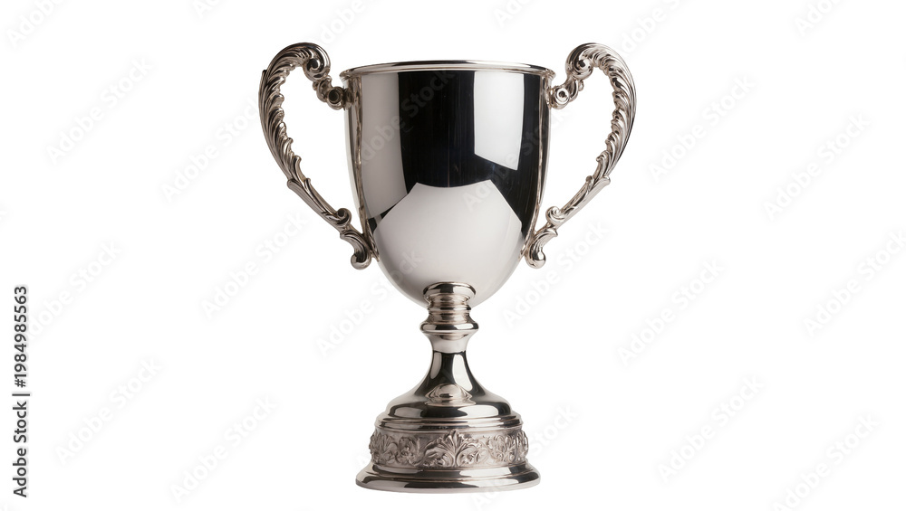 Fototapeta premium Ornate silver trophy with decorative handles and base, isolated on transparent background