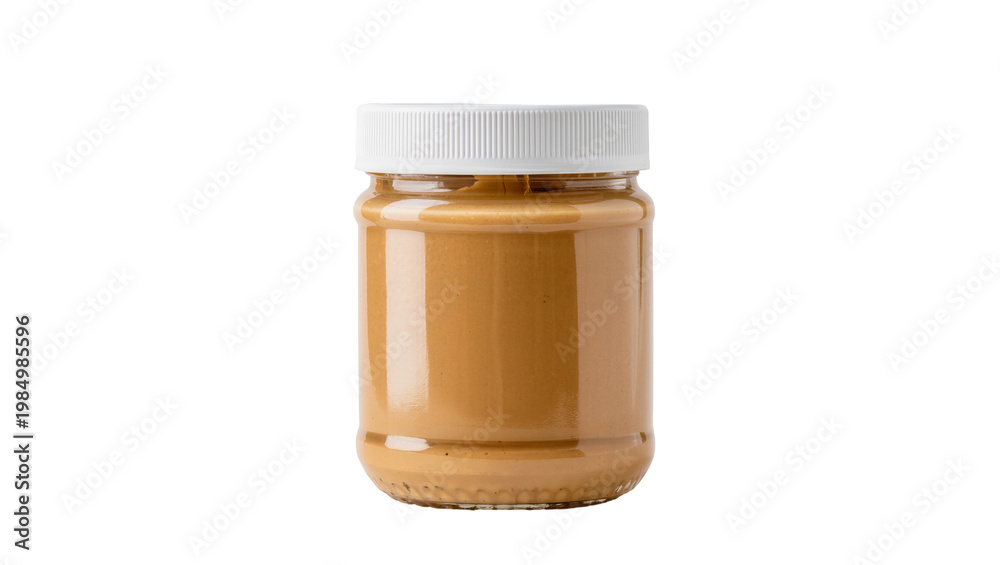 Fototapeta premium Full glass jar of creamy peanut butter with white lid, isolated on transparent background