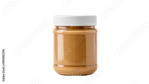 Quadro su tela Full glass jar of creamy peanut butter with white lid, isolated on transparent b