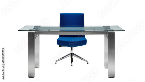 Modern glass desk with brushed metal legs and blue office chair, isolated on transparent background