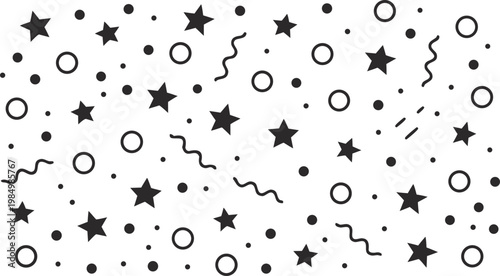 Confetti background with stars and circles in black and white