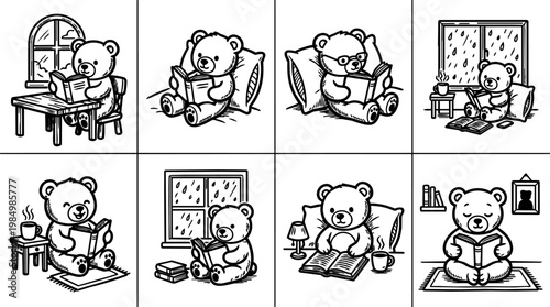 Black and white line art teddy bears reading books indoors in various cozy settings