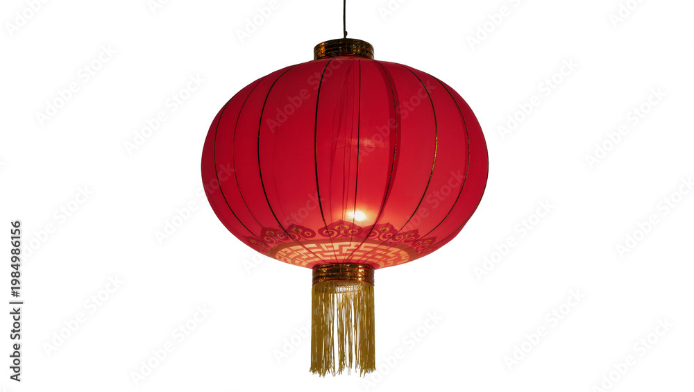 Fototapeta premium Traditional red Chinese lantern with gold trim and tassels, isolated on transparent background