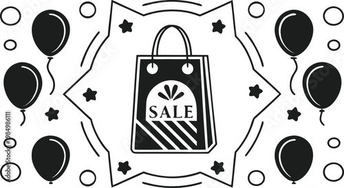 Black and white sale with decorative floral frame and stars
