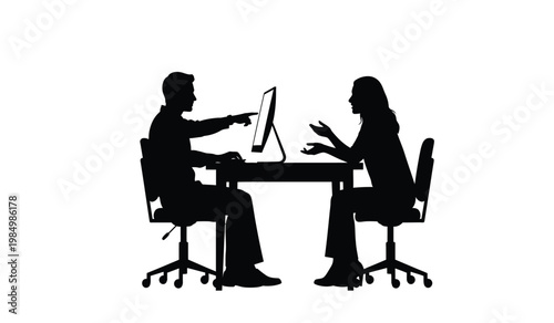A stark image depicts a tense business meeting with two figures seated at a desk engaged in animated discussion presented as a silhouette