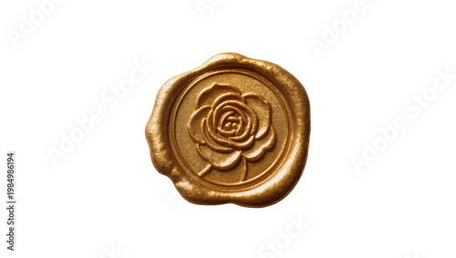 Golden wax seal with rose imprint, isolated on transparent background
