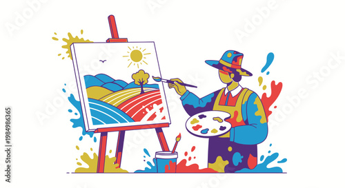 Artist painting landscape scene on easel with brush and palette