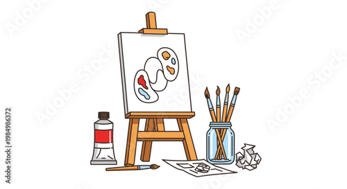 Artistic easel with painting supplies creative tools and artwork concept
