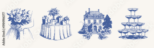 Romantic wedding bouquet gifts villa champagne tower scene. Includes flowers, presents, countryside house and glass pyramid. Illustrations for stationery and decor in engraving style.