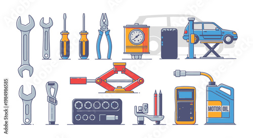 Automotive repair tools and car lift with line art illustration