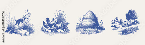 Farm animals rooster hen dog rural nature scene set. Detailed compositions show wildlife and countryside environment. Illustrations for packaging and editorial in hand drawn style.