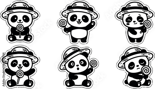Black and white panda with lollipop in six cute poses vector art