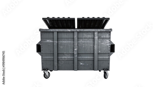 Heavy duty metal dumpster with open lid, isolated on transparent background