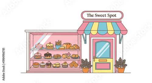 Bakery storefront illustration featuring colorful awning and pastries display