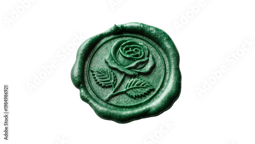 Green wax seal with rose imprint, isolated on transparent background